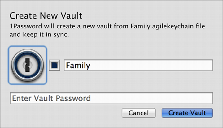 **Figure 32:** To add a shared vault to 1Password, double-click its file and then work through the Create New Vault dialog.
