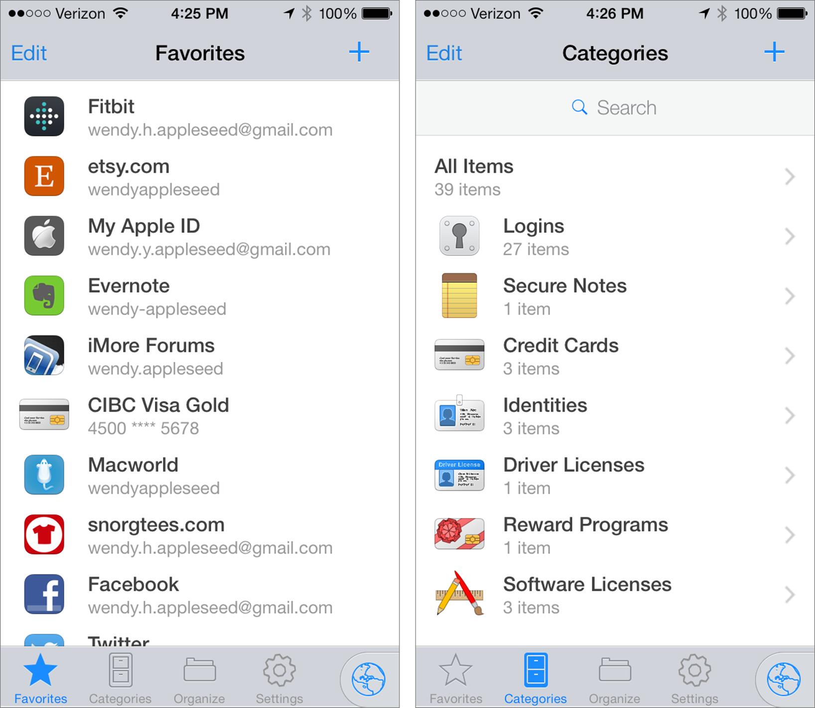 **Figure 33:** 1Password 4.5 on an iPhone. On the left, Favorites (showing individual items); on the right, the list of Categories. The main navigational controls are at the bottom in this view.