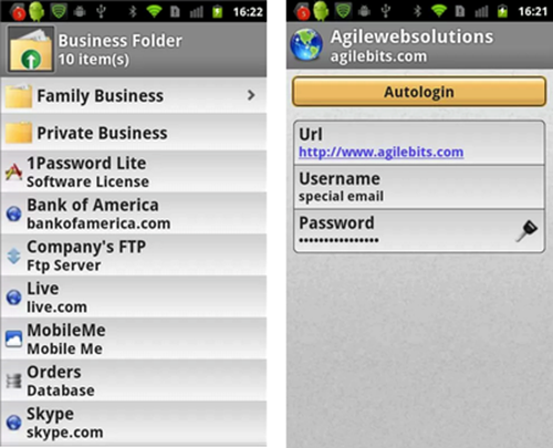 **Figure 37:** 1Password Reader for Android shows your synced 1Password data, organized as on your Mac or PC (left). Tap to view a login item (right) and you can either copy your credentials or tap Autologin to open the URL in 1Password’s built-in browser and log in automatically.