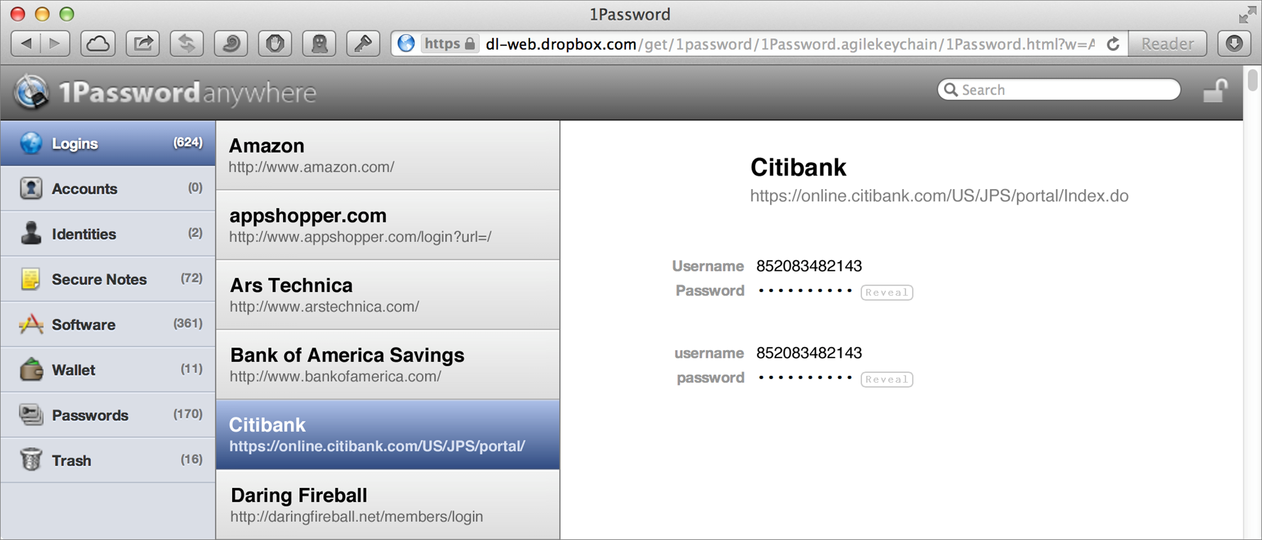 **Figure 39:** 1PasswordAnywhere puts your entire 1Password vault securely in a Dropbox-accessible Web page.