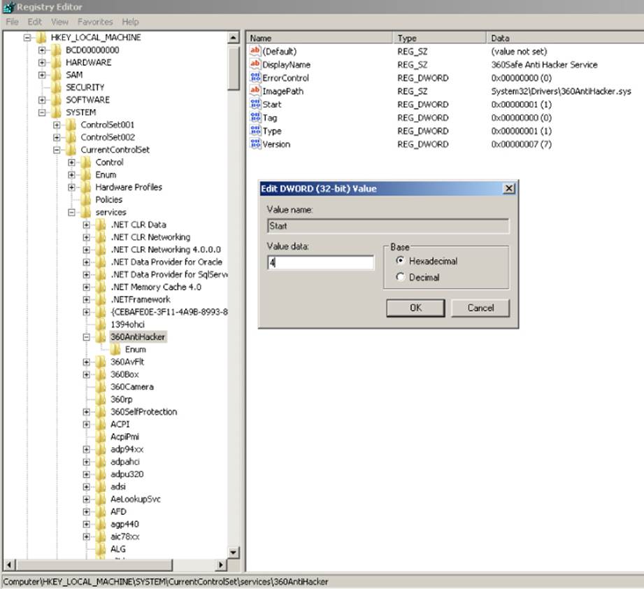 Screenshot of the Registry Editor tool window presenting the highlighted 360AntiHacker driver at the left and the Edit DWORD dialog on the right with the Start value set at 4.
