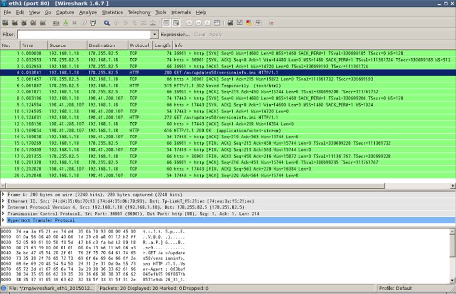 Screenshot of Wireshark window displaying the traces of updates of the virus definition files with the fourth trace update highlighted.