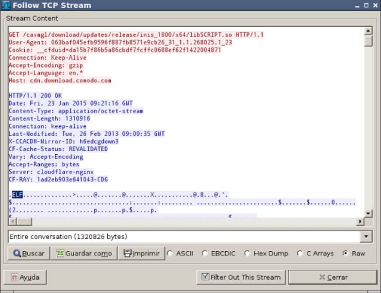 Screenshot of Follow TCP stream window with the downloaded libSCRIPT.so component in Wireshark.