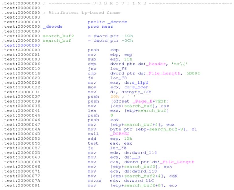Screenshot of a disassembly listing for uncovering exploits in the COFF file.