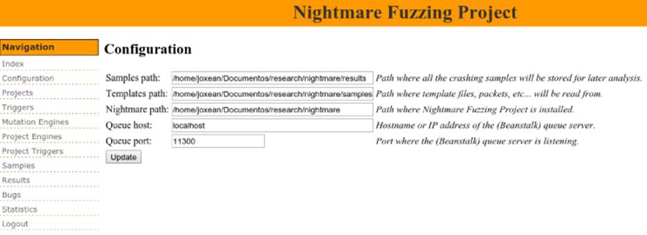 Screenshot of the Nightmare Fuzzing Project window presenting Configuration page with fields for samples path, templates path, nightmare path, queue host, and queue port.