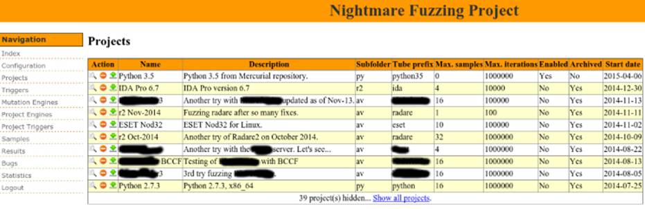 Screenshot of Nightmare Fuzzing Project window presenting a table listing actions, names, descriptions, subfolder, tube prefixes, maximum samples, maximum iterations, statuses, and start dates of projects.