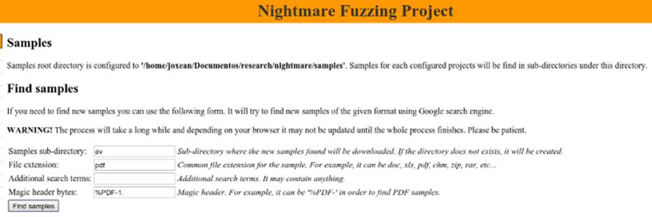 Screenshot of Samples page of Nightmare Fuzzing Project window presenting fields for samples subdirectory, file extension, additional search items, and magic header bytes. Below is a Find samples button.