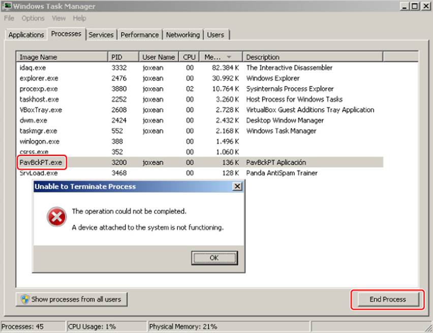 Screenshot of Windows Task Manager window presenting the Processes tab. Image name “PavBckPT.exe” and its details are highlighted. An Unable to Terminate Process prompt is displayed.