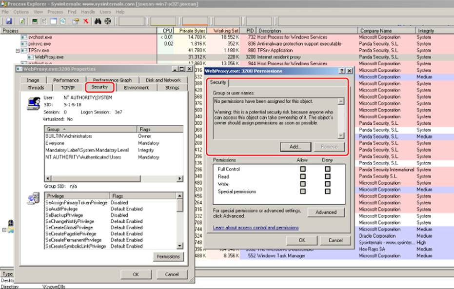 Screenshot of the WebProxy.exe:3208 Properties and Permissions dialog overlapping the Process Explorer window. Security tabs in both dialogs are boxed.