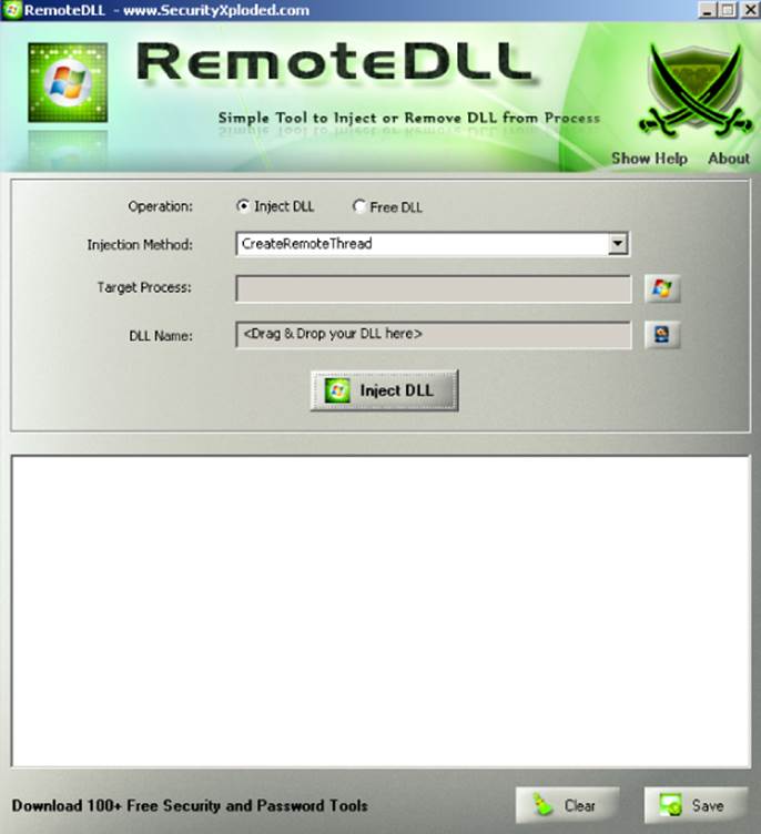 Screenshot of the RemoteDLL dialog box presenting radio buttons for Operation options; fields for injection method, target process, and DLL name; and a preview pane.