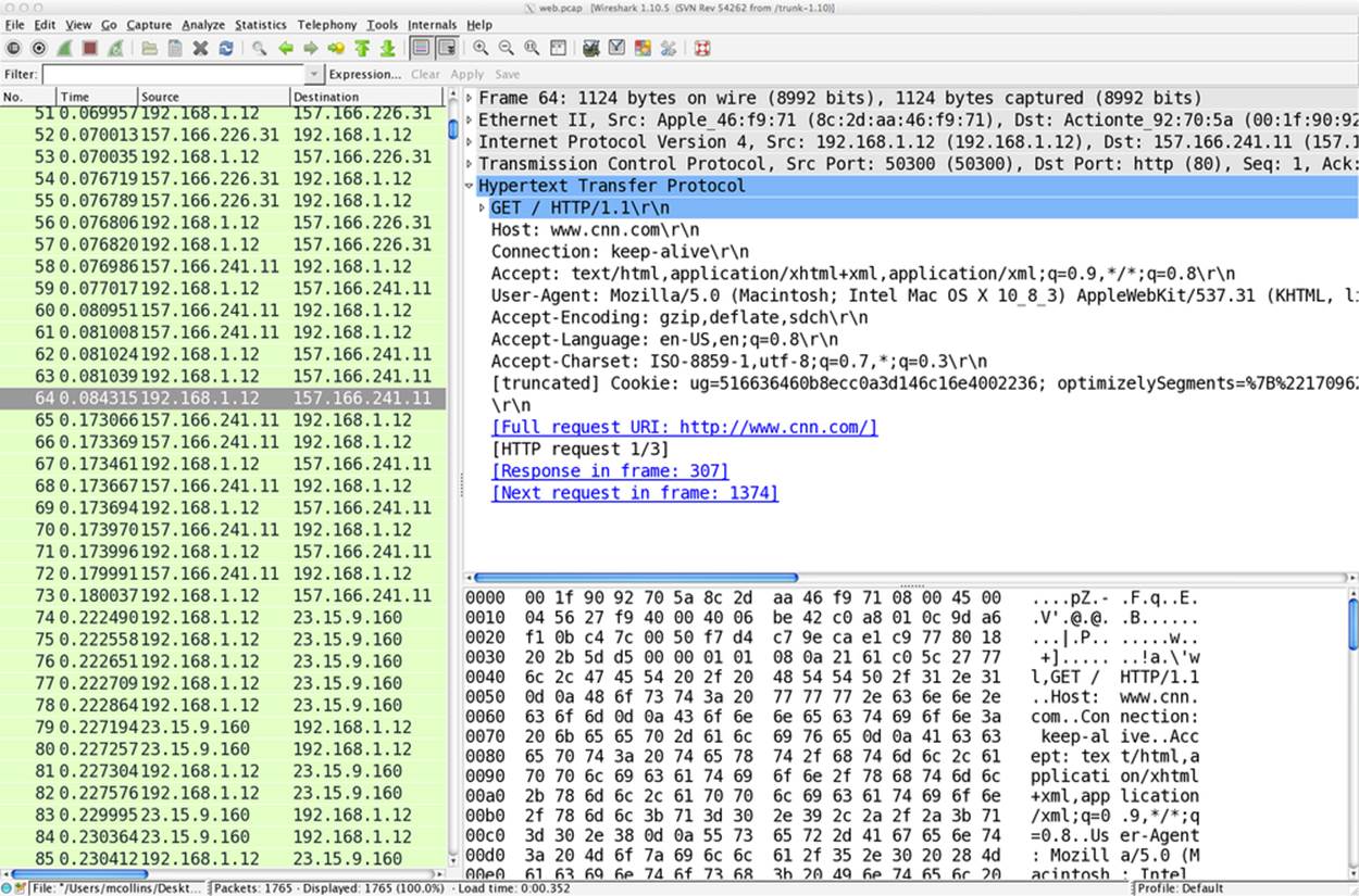 An example Wireshark screen showing session reconstruction