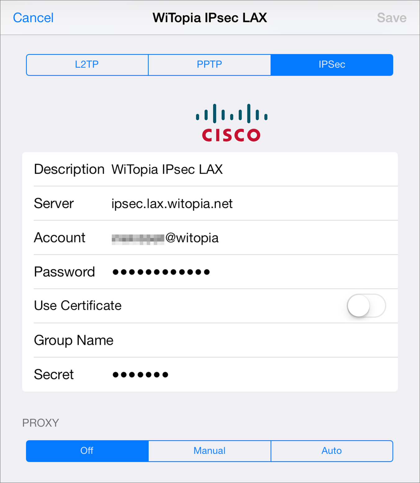 **Figure 5:** iOS (shown here on an iPad) offers built-in support for three common VPN types—L2TP, PPTP, and IPsec.