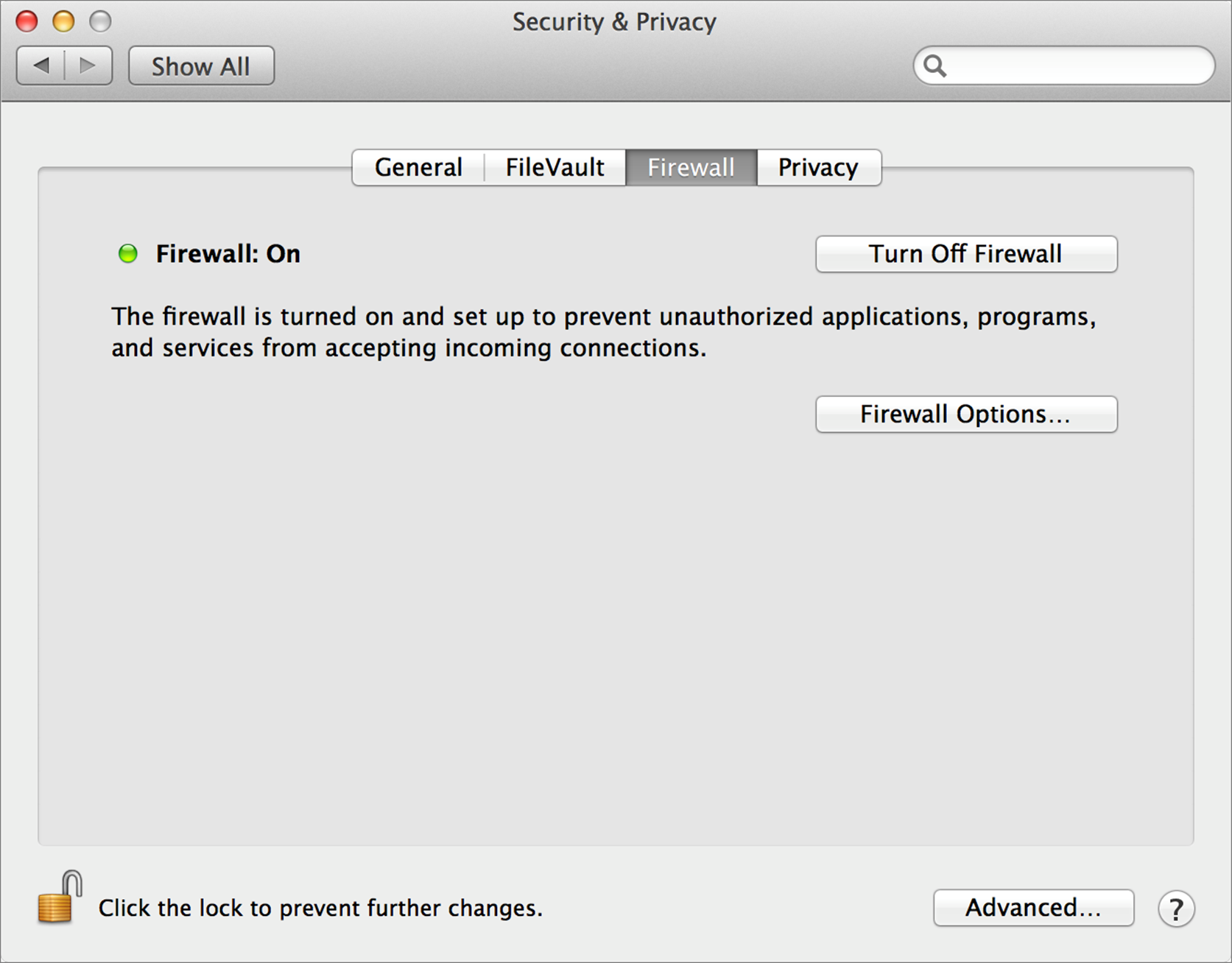 **Figure 8:** Built-in firewalls in Windows (top) and Mac OS X (bottom).