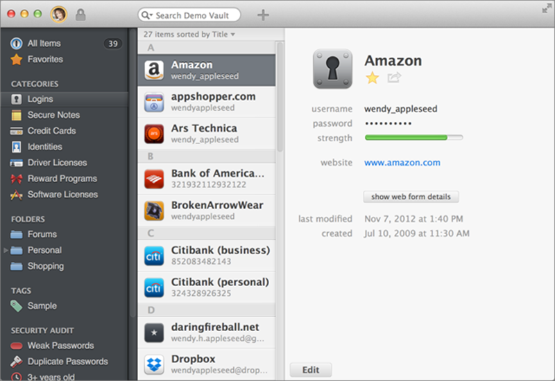 **Figure 12:** 1Password (Mac version shown here) securely stores passwords, credit card numbers, and other personal data, and syncs them among your devices.