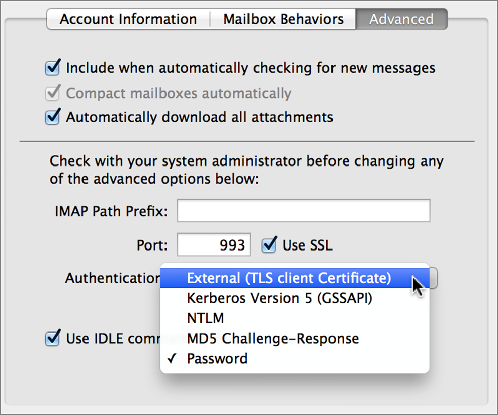 **Figure 15:** Apple Mail lets you choose, for each account, which authentication method to use for incoming mail (shown here) or outgoing mail. Remember, “Password” is fine if (and only if) the account uses SSL, which this example does.