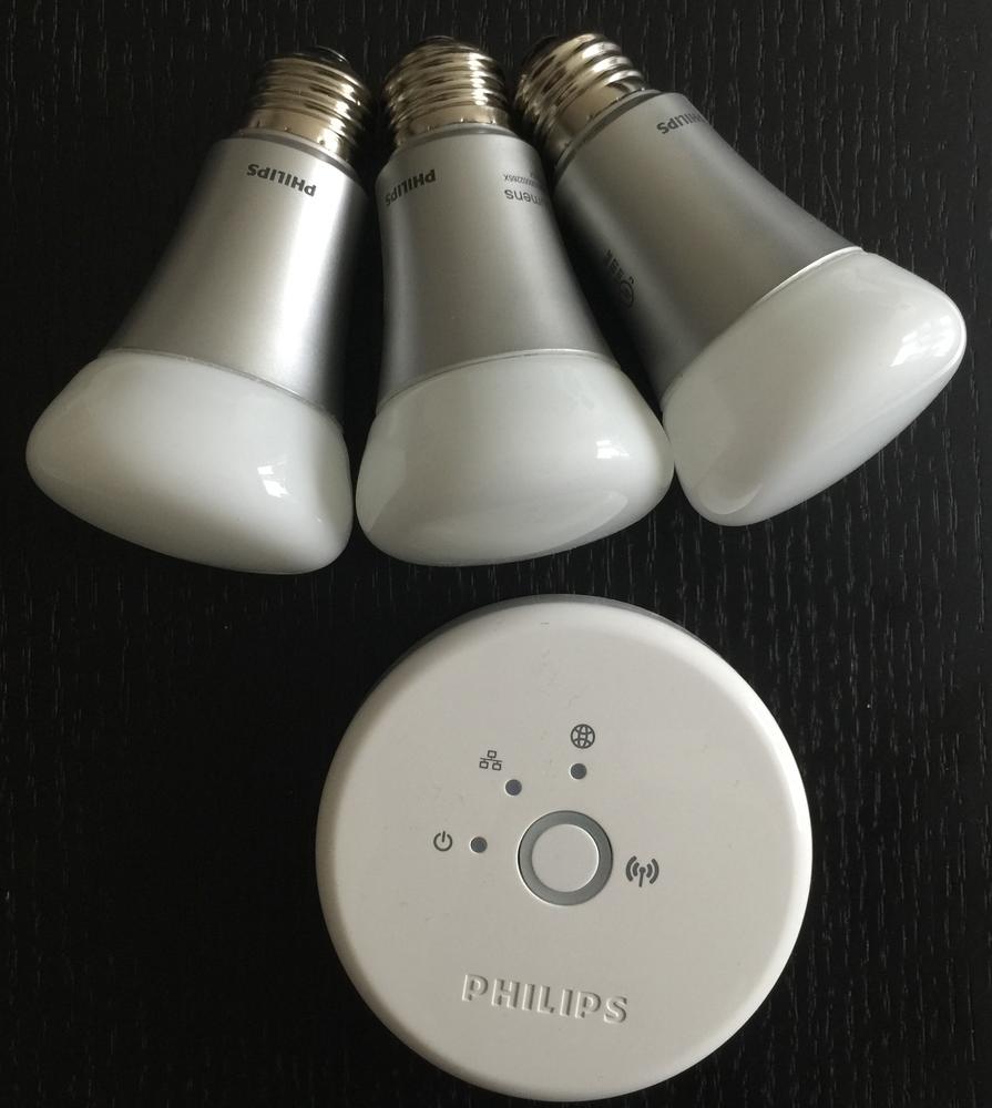 The hue starter pack contains the bridge and three wireless bulbs