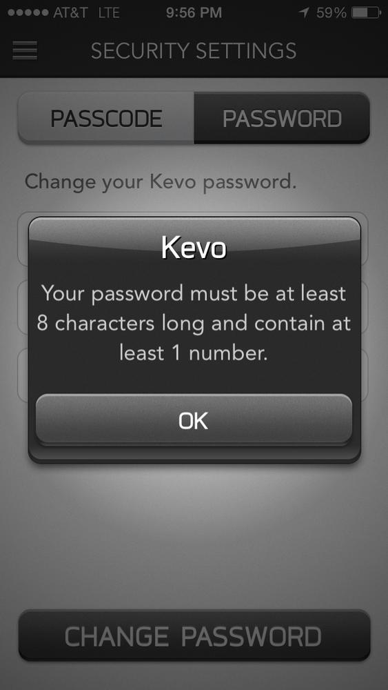 Minimum password requirements in the Kevo iPhone app