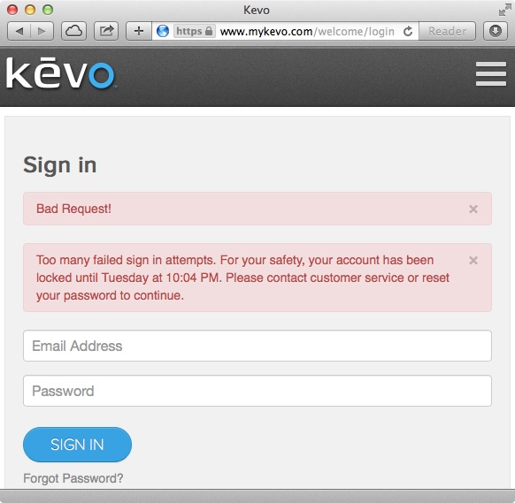 Kevo account lockout after six incorrect attempts