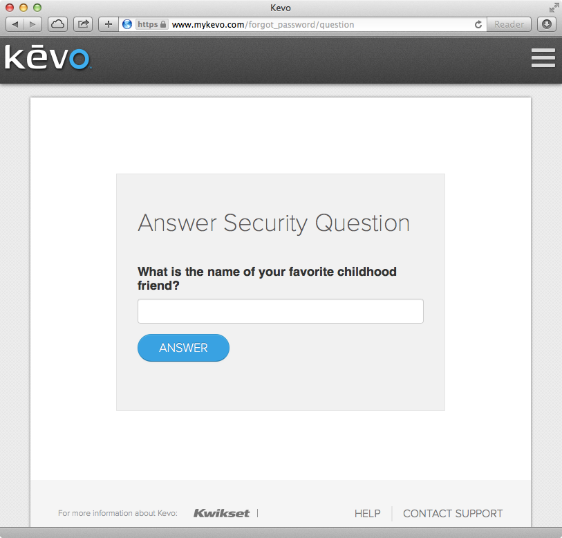Kevo security question for password reset