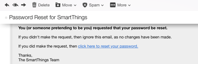 Email from SmartThings allowing the user to reset his or her password
