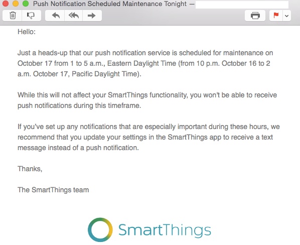 Email from SmartThings advising users of maintainance schedule