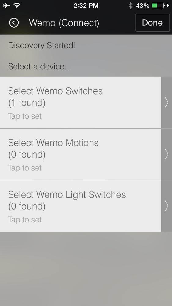 SmartThings app letting the user know that a WeMo Switch has been found