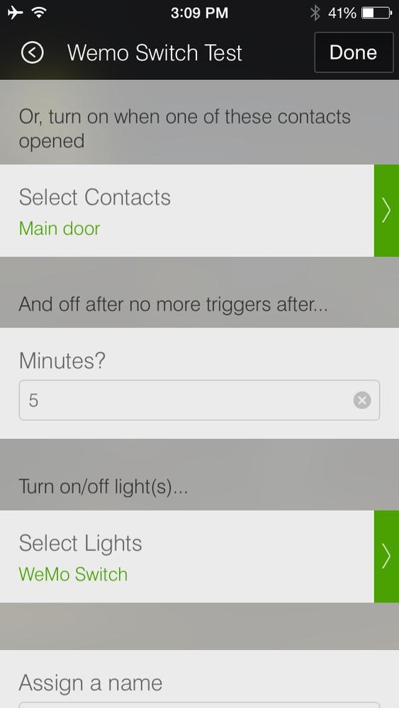 SmartThings app controllilng the WeMo Switch