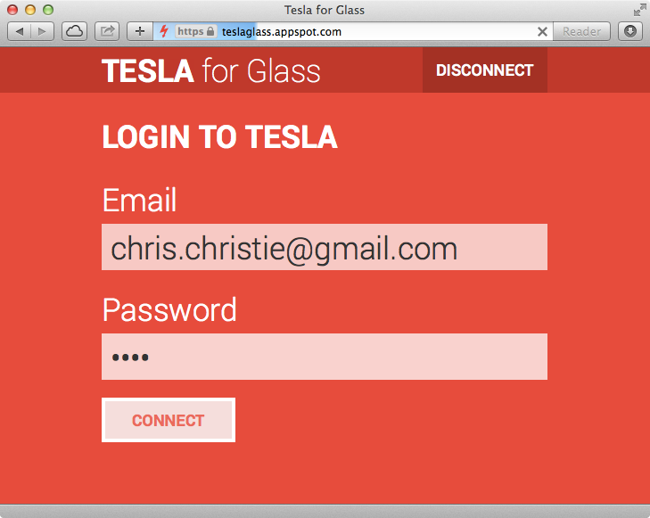 Tesla for Glass login page