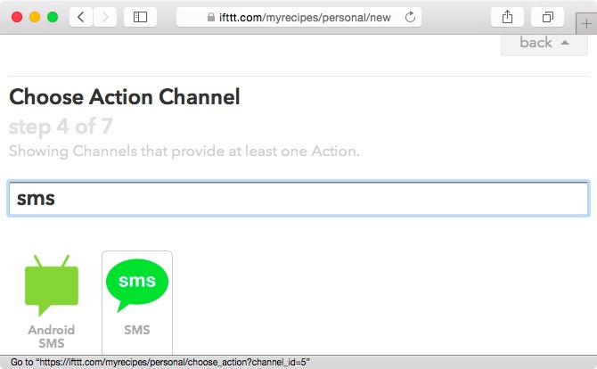 Selecting the SMS action channel