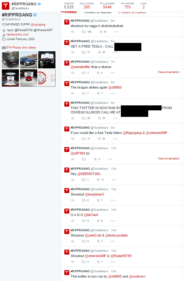 Twitter account of Tesla Motors was also compromised