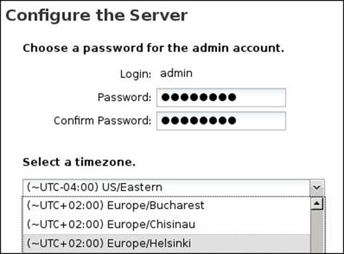 Step 2 – setting the admin password and server's time zone