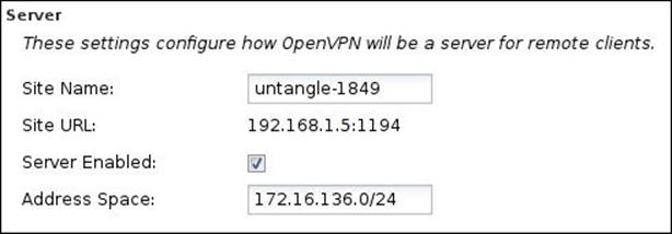 Configuring Untangle's OpenVPN server settings