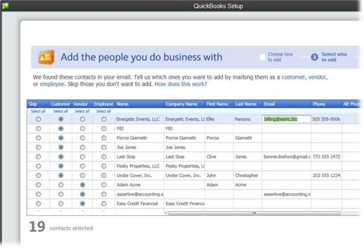 Initially, QuickBooks selects the Skip option (the far left column) for all the names. That way, you can select the option in the Customer, Vendor, or Employee column for each name you want to import to designate whether it’s a customer, vendor, or employee. You can also select a cell with info in it (like a name or an email address) and edit the info.