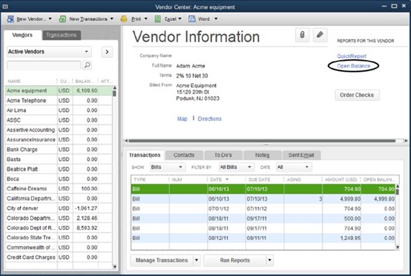 The Vendor Center puts all vendor-related tasks in a single window. When you choose a vendor in the list on the left, the Vendor Information pane on the right displays info about that vendor. Click the Open Balance link (circled) to see the transaction’s that contribute to your balance with that vendor. You can even click the Map or Directions link to find out how to get to your vendor. To see more details, like transaction history, vendor contact info, to-dos related to the vendor, notes you’ve made, and emails you’ve sent, click the tabs below the Vendor Information pane.