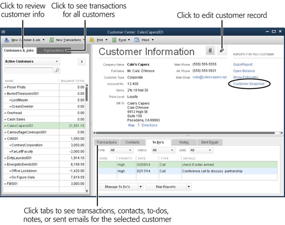 To open or edit a customer’s record, in the Customers & Jobs tab, select the customer so it appears in the Customer Information section. Then click the Edit button labeled here. To see more info about the selected customer, click the Transactions, Contacts, To Do’s, Notes, or Sent Email tabs at the bottom right of the window.To see transactions for all customers, click the Transactions tab on the left side of the window.