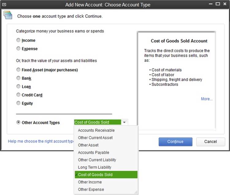 If you aren’t sure which type to choose for your new account, read the box on page 52.When you select one of the options here, a description with examples of that type of account appears on the right side of the window. Click More to read a Help topic that explains when to use that type of account.