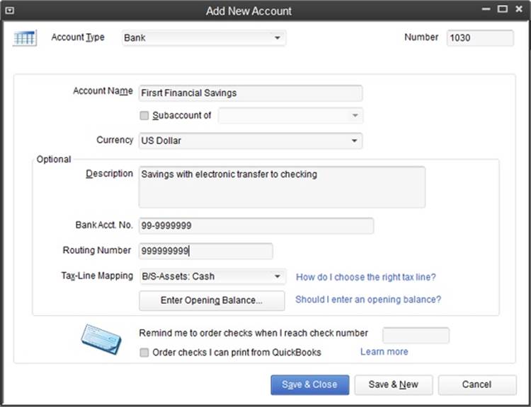 The Bank account type includes every account field except the Note field, and includes a few fields that you won’t find in any other account type, such as Bank Acct. No. and Routing Number. If you want QuickBooks to remind you to order checks, in the “Remind me to order checks when I reach check number” field, type the check number you want to use as a trigger. And if you want the program to open a browser window to an Intuit site where you can order supplies, turn on “Order checks I can print from QuickBooks.” If you get checks from somewhere else, just reorder checks the way you normally do.