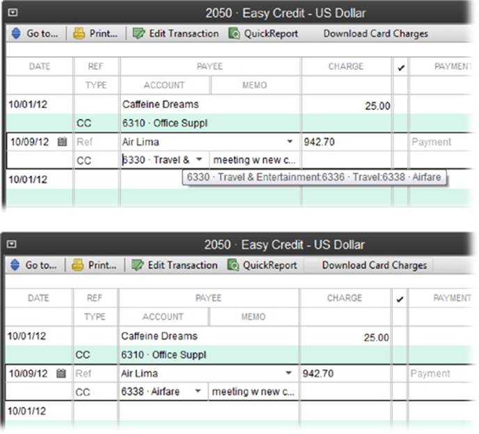 Top: QuickBooks combines the names of parent accounts and their subaccounts into one long name in Account fields and drop-down lists, like the travel example shown here. In many instances, only the top-level account is visible unless you scroll within the Account field.Bottom: When you turn on the “Show lowest subaccount only” checkbox, the Account field shows the subaccount number and name instead, which is exactly what you need to identify the assigned account (in this case, Airfare).