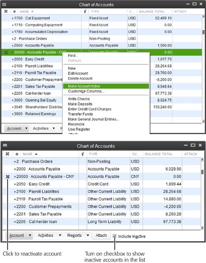 Top: To hide an account, in the Chart of Accounts window, right-click the account and choose Make Account Inactive from this shortcut menu. The account and any subaccounts that belong to it disappear from the list.Bottom: To reactivate a hidden account, first display all your accounts by turning on the “Include inactive” checkbox at the bottom of the Chart of Accounts window. When you do that, QuickBooks adds a column with an X as its heading and displays an X in that column for every hidden account in the list.To un-hide an account, click the X next to its name. If the account has subaccounts, QuickBooks displays the Activate Group dialog box; there, click Yes to reactivate the account and all its subaccounts.
