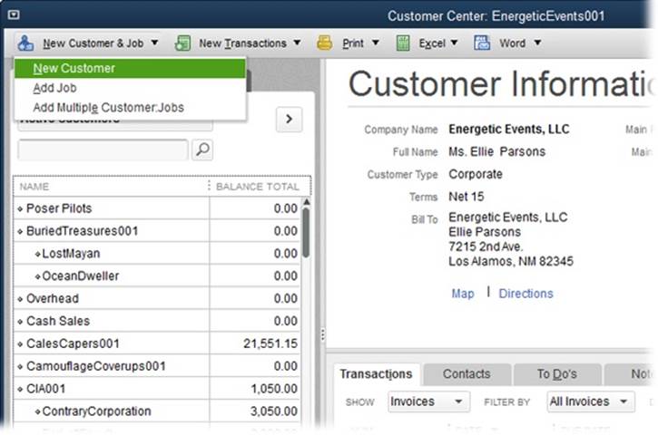 To create a new customer in the Customer Center, click New Customer & Job→New Customer. To view a customer’s details and transactions, click the customer’s name in the Customers & Jobs tab on the left side of this window. If the Transactions tab is selected instead, you’ll see the New Customer feature on the Customer Center menu bar; clicking it opens the New Customer window.