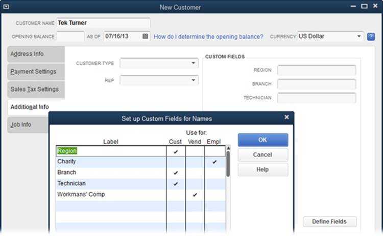 The “Set up Custom Fields for Names” dialog box (which opens when you click Define Fields in a New or Edit window for customers, vendors, or employees) lets you create up to 15 custom fields. To associate a custom field with a customer, vendor, or employee, click the corresponding cell in the field’s row in the table. You can associate a custom field with one or more types of names; for example, with both customers and employees.
