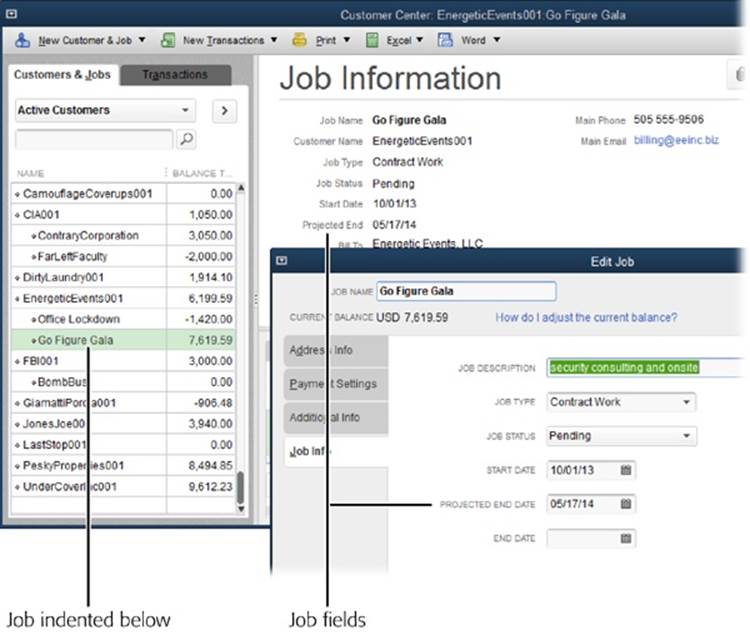 When you select a job in the Customer Center (jobs are indented below their customers), the Job Information section of the window displays Job Status, Start Date, Projected End, and End Date (if you’ve added values to those fields). If you want to edit info you’ve entered for a job, double-click the job’s name in the Customers & Jobs tab to open the Edit Job dialog box.