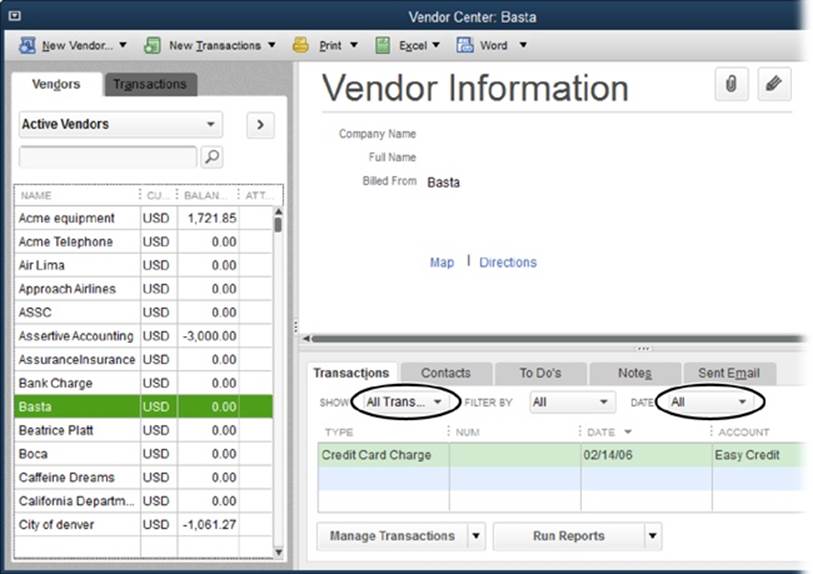 When you select a vendor in the Vendor Center, the Transaction pane in the lower right shows that vendor’s transactions.To see them all, in the Show drop-down list, choose All Transactions, and in the Date drop-down list, choose All.