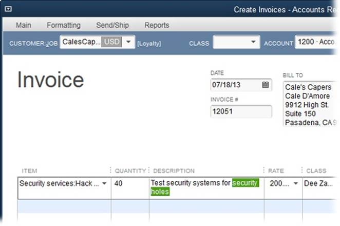 QuickBooks automatically fills in fields like Description and Price (or Rate, as shown here) with values you’ve saved in item records. But you can edit those fields once you add an item to an invoice, whether you use generic or specific items to describe what you sell. Just click a field in a sales form, select the text you want to change, and then type the new value.