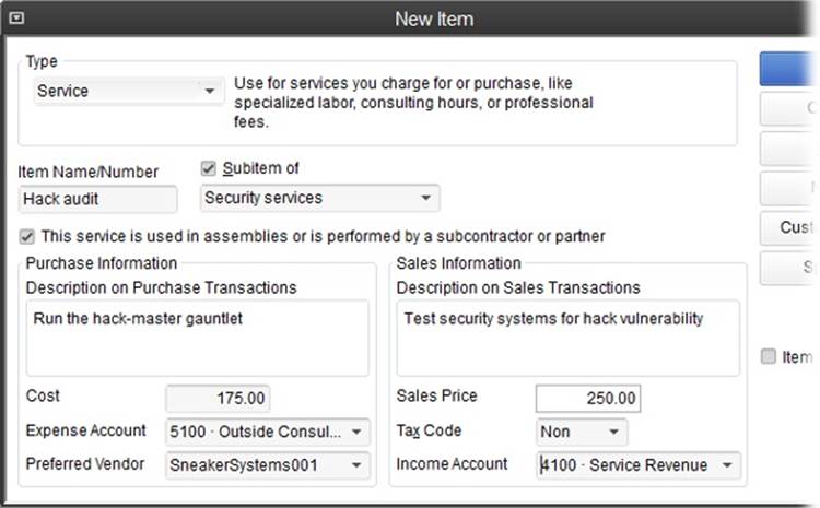 If subcontractors or partners perform the service and get paid for their work, a Service item has to contain information for both the sales and purchase transactions. In that case, turn on the “This service is used in assemblies or is performed by a subcontractor or partner” checkbox to display the additional fields shown here.