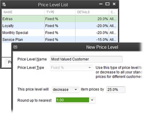 Think of fixed-percentage price levels as standard discounts or markups. For example, you can create a price level called Most Valued Customer to discount prices by 25 percent. Then assign that price level in the customer record (page 72) for every big spender you work with.(Although price levels’ names don’t appear on your customer invoices, it’s still a good idea to choose names that are meaningful without being rude.)
