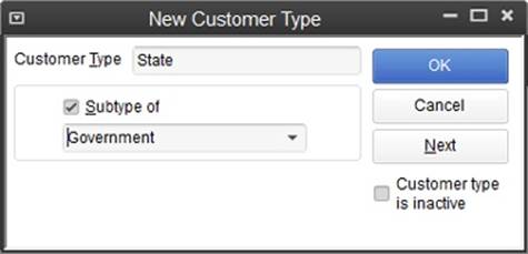 The only thing you have to fill in here is the Customer Type field.If this type represents a portion of a larger customer category, turn on the “Subtype of” checkbox and choose the parent type. For example, if you have a Government customer type, you might create subtypes like Federal, State, County, and so on.