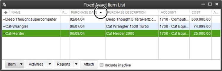 To sort a list by a column, click the column’s heading, such as Purchase Date. The first time you click the heading, QuickBooks sorts the list in ascending order and the small black triangle in the heading (circled) points up, as shown here. To toggle between ascending and descending order, click the heading again, and the triangle points down.