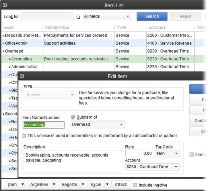If you want to capture nonbillable activities in one big pot, create a single Service item called Overhead.For greater detail about nonbillable time, you can create a top-level Overhead item and then create subitems for each type of nonbillable work you want to track. Be sure to also create one catchall item, such as Other, to capture the time that doesn’t fit in any other nonbillable category.