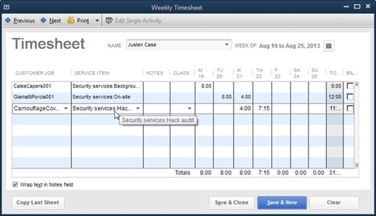 The weekly timesheet doesn’t provide much room to display customer names, job names, or more than a few letters of the Service item for the task performed. To see the full contents of a cell in a pop-up tooltip like the one shown here, position your cursor over the cell. You can also drag a corner of the window to resize it or click the Maximize button near the top right of the window to enlarge it.